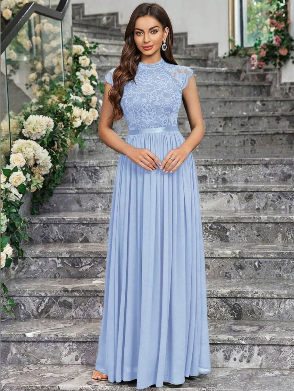 Miusol Light Blue Lace Bodice Chiffon Maxi Dress